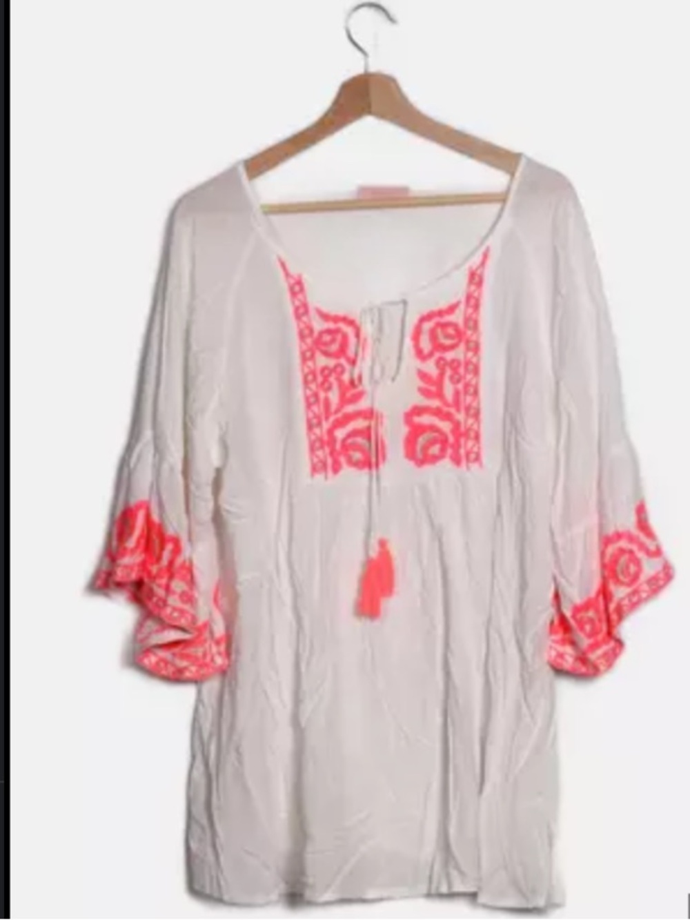 Amazon White Swim Coverup Tunic with Neon Pink Embroidery